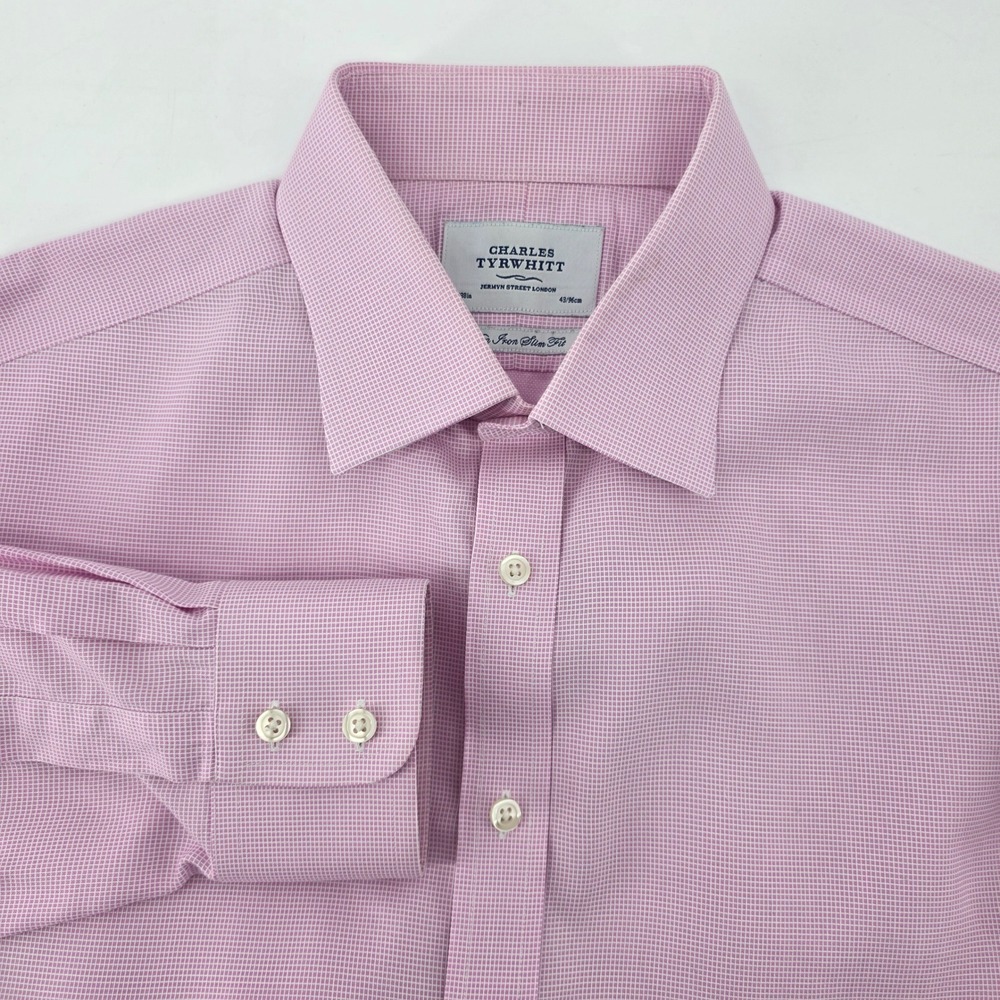 Charles Tyrwhitt Mens Pink Micro Check Non Iron Slim Fit Dress Shirt 17/38
